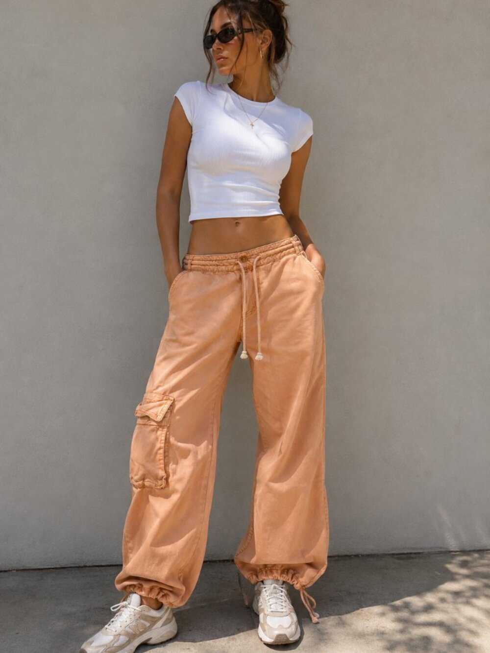 YFB Peach Cargo Pants Large Baggy Utility Parachute Y2K Drawstring
